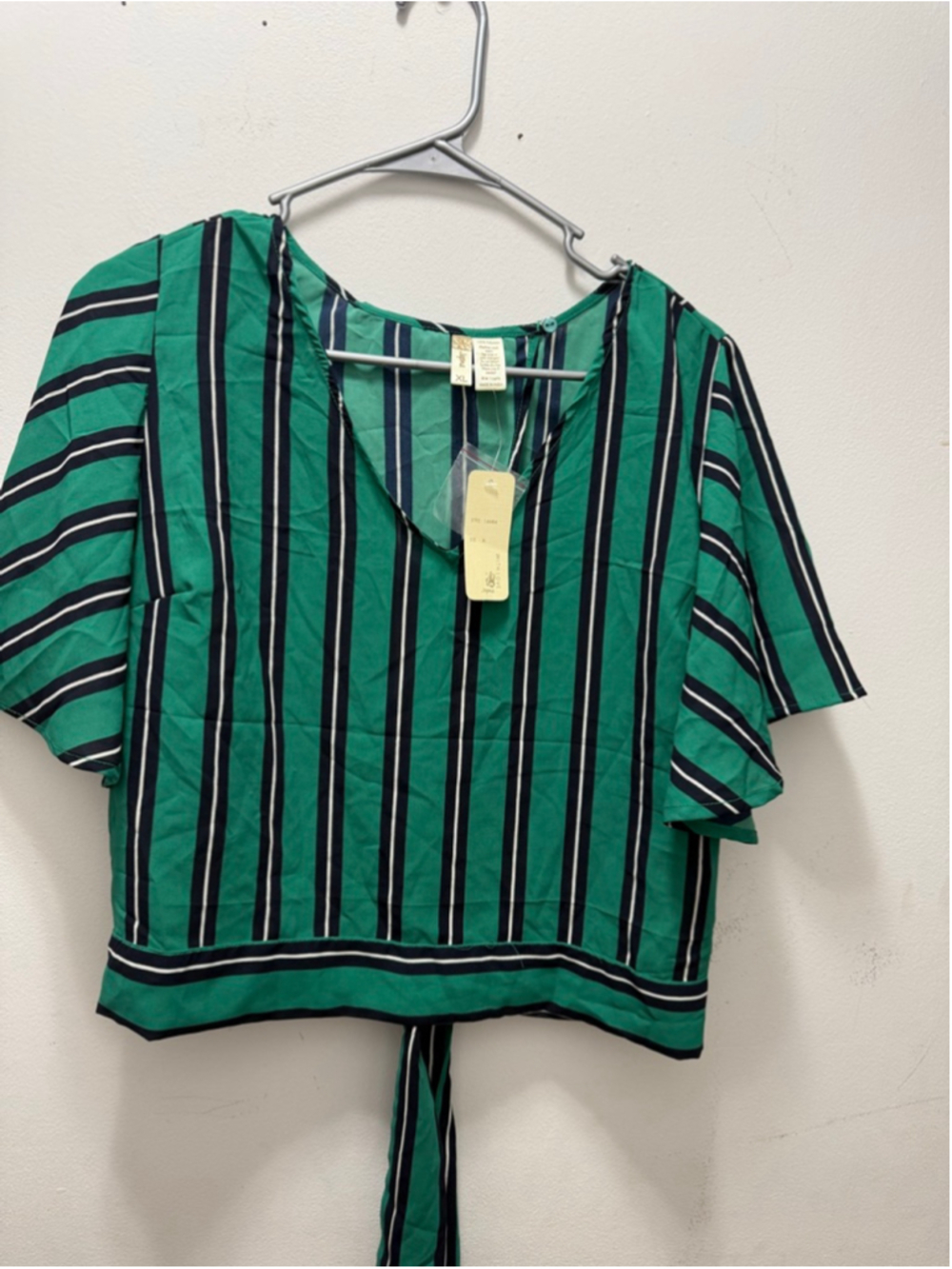 Women's Japna Blouse XL Green Black Striped Tie-Back